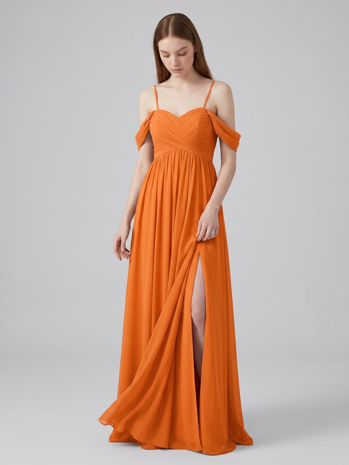 Orange Chiffon A-Line Sweetheart Back Zip Floor-Length Bridesmaid Dress with Pleats