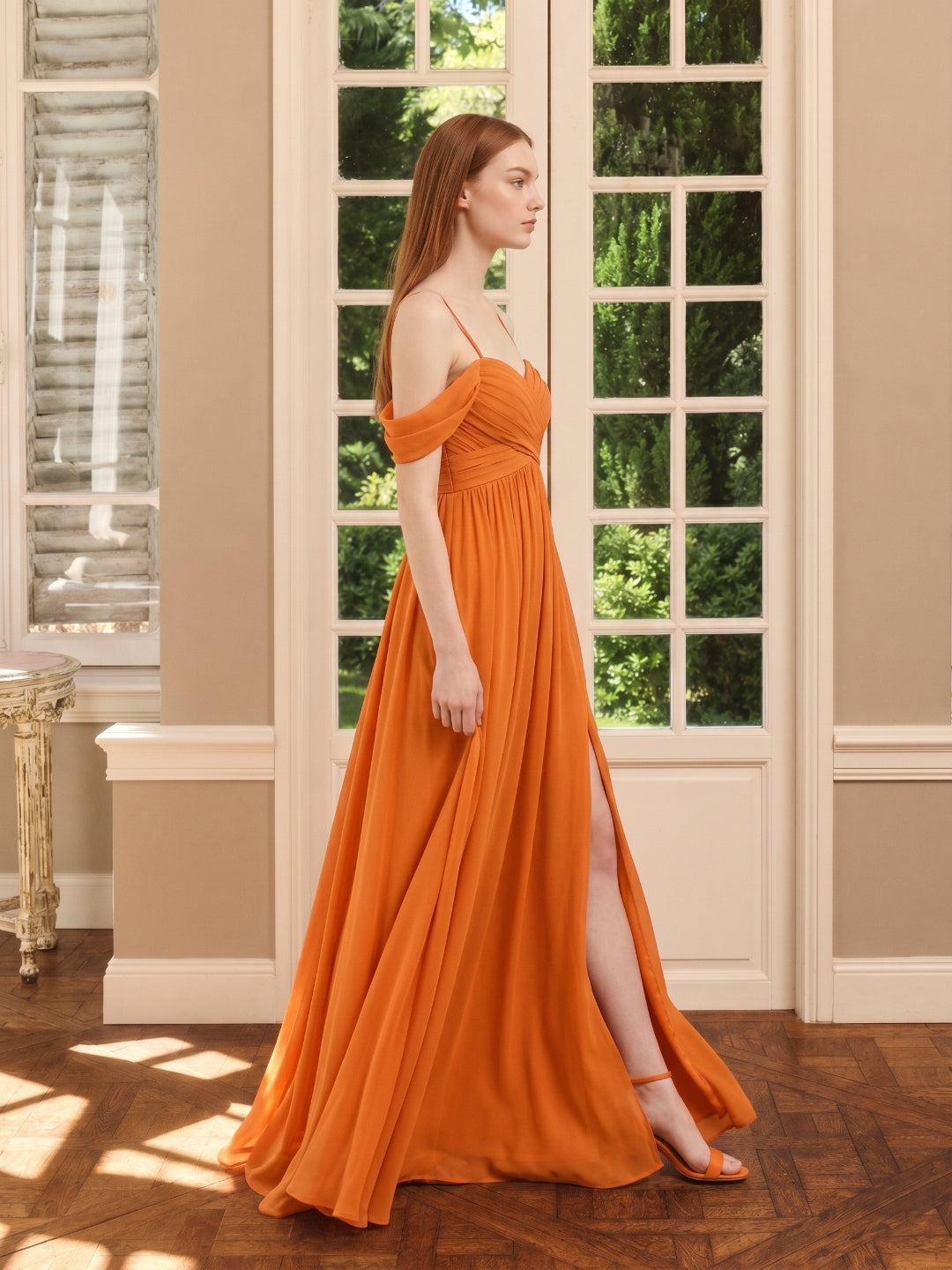 Orange Chiffon A-Line Sweetheart Back Zip Floor-Length Bridesmaid Dress with Pleats