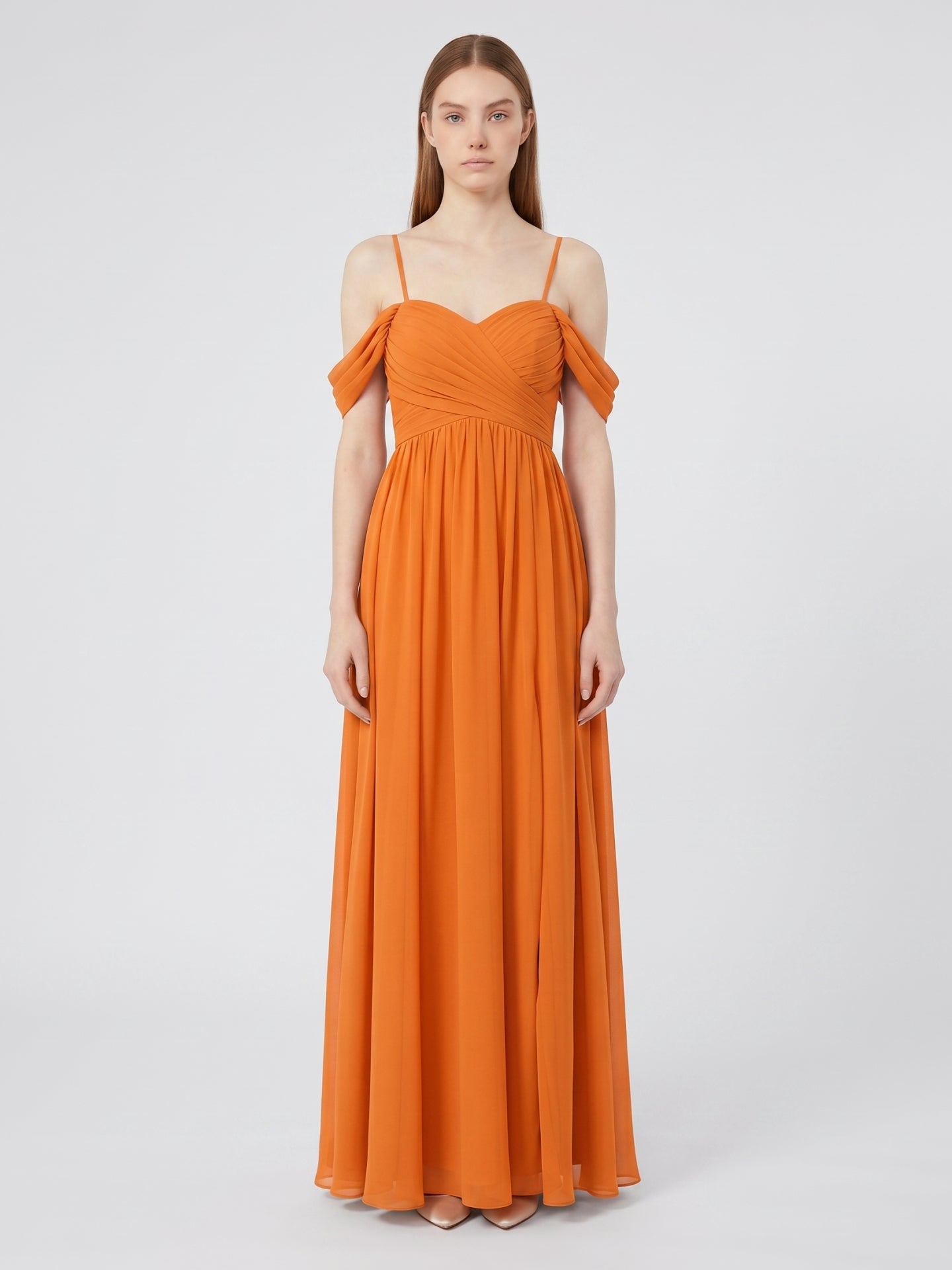 Orange Chiffon A-Line Sweetheart Back Zip Floor-Length Bridesmaid Dress with Pleats