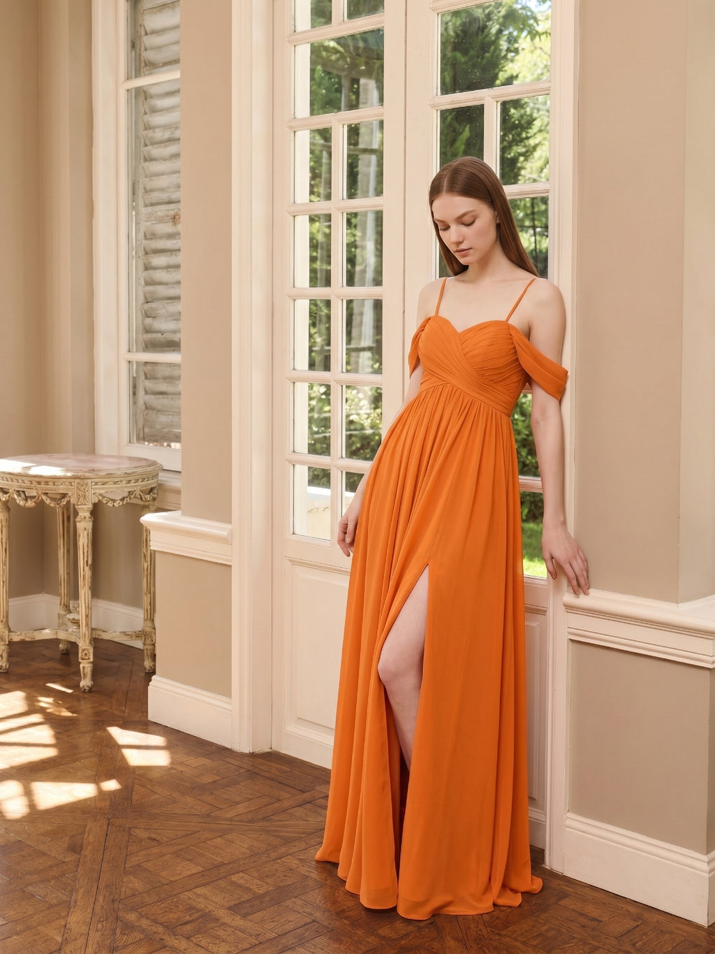 Orange Chiffon A-Line Sweetheart Back Zip Floor-Length Bridesmaid Dress with Pleats