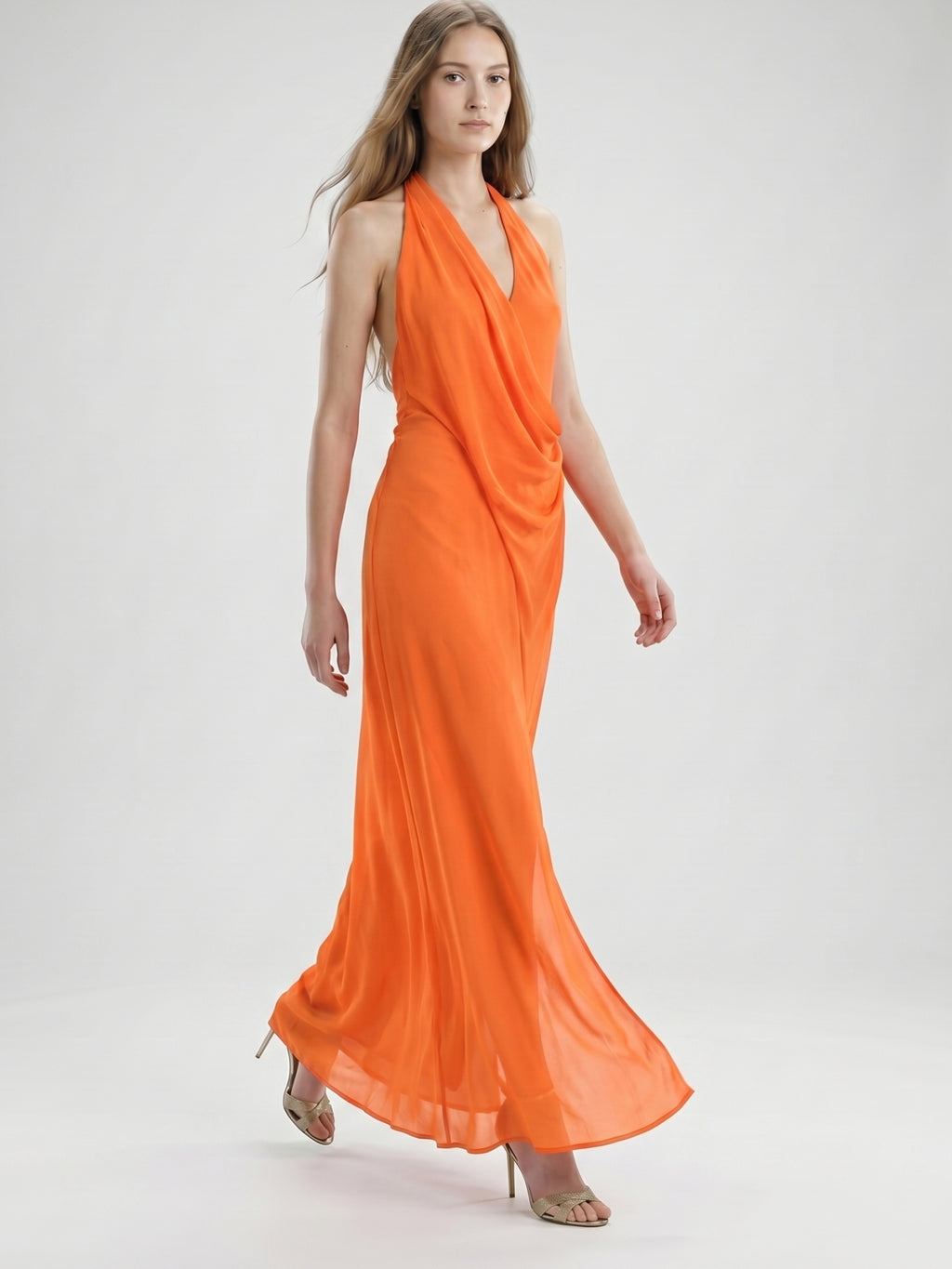 Orange Chiffon A-Line V-Neck Backless Ankle Bridesmaid Dress with Pleated Details