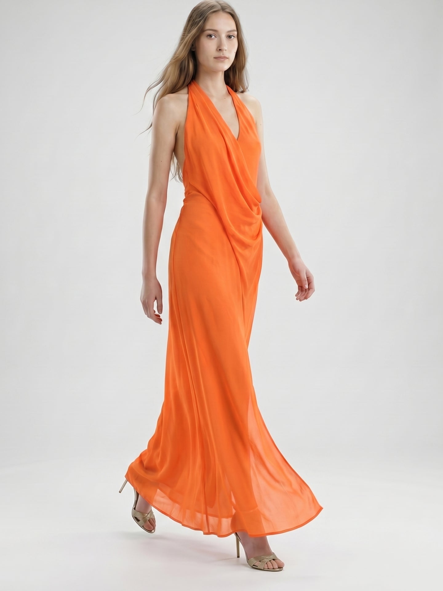 Orange Chiffon A-Line V-Neck Backless Ankle Bridesmaid Dress with Pleated Details