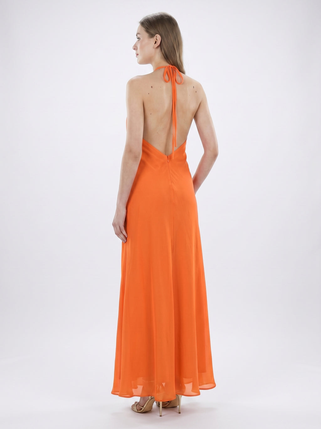Orange Chiffon A-Line V-Neck Backless Ankle Bridesmaid Dress with Pleated Details