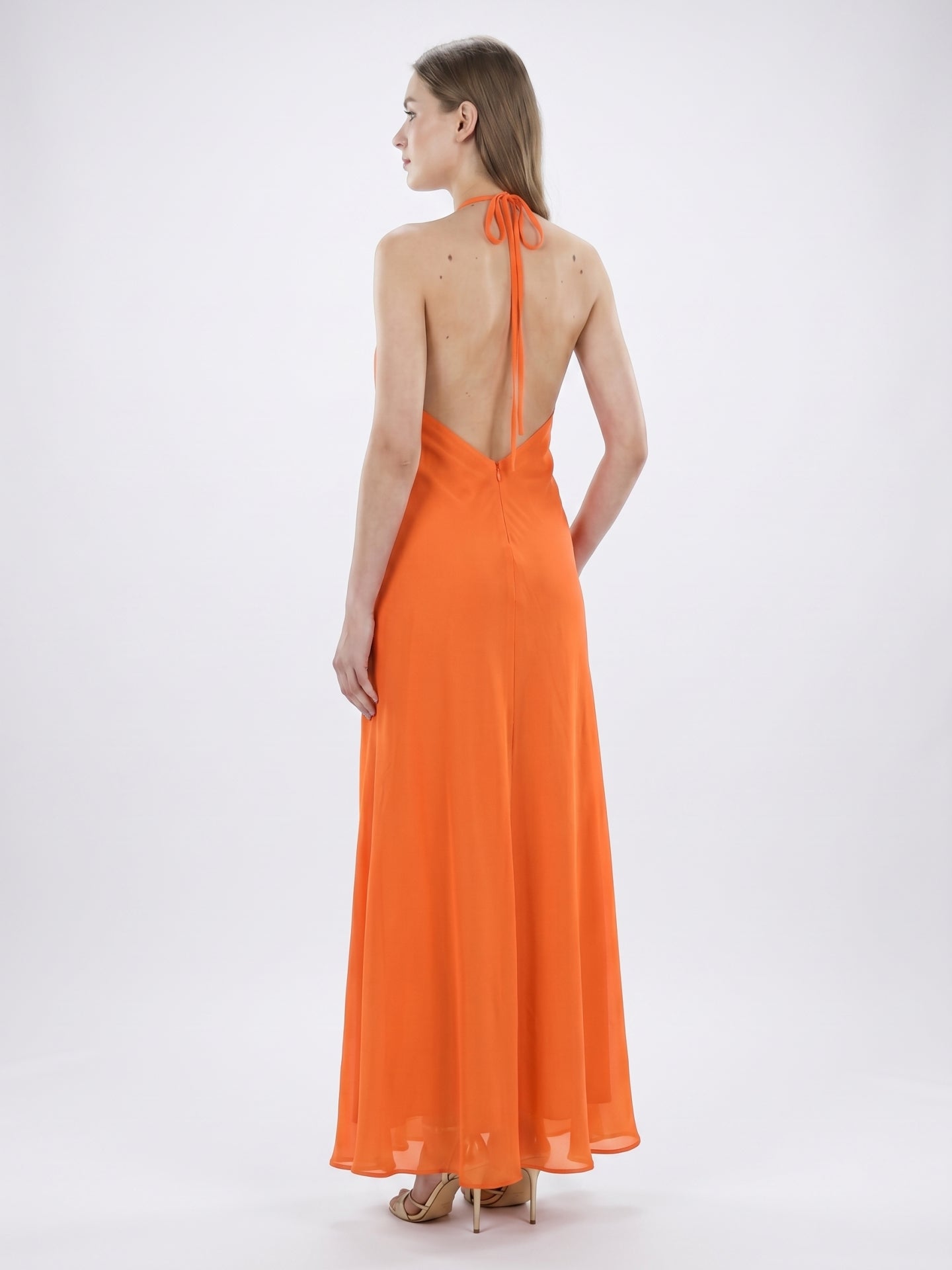 Orange Chiffon A-Line V-Neck Backless Ankle Bridesmaid Dress with Pleated Details