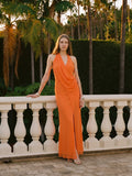 Orange Chiffon A-Line V-Neck Backless Ankle Bridesmaid Dress with Pleated Details