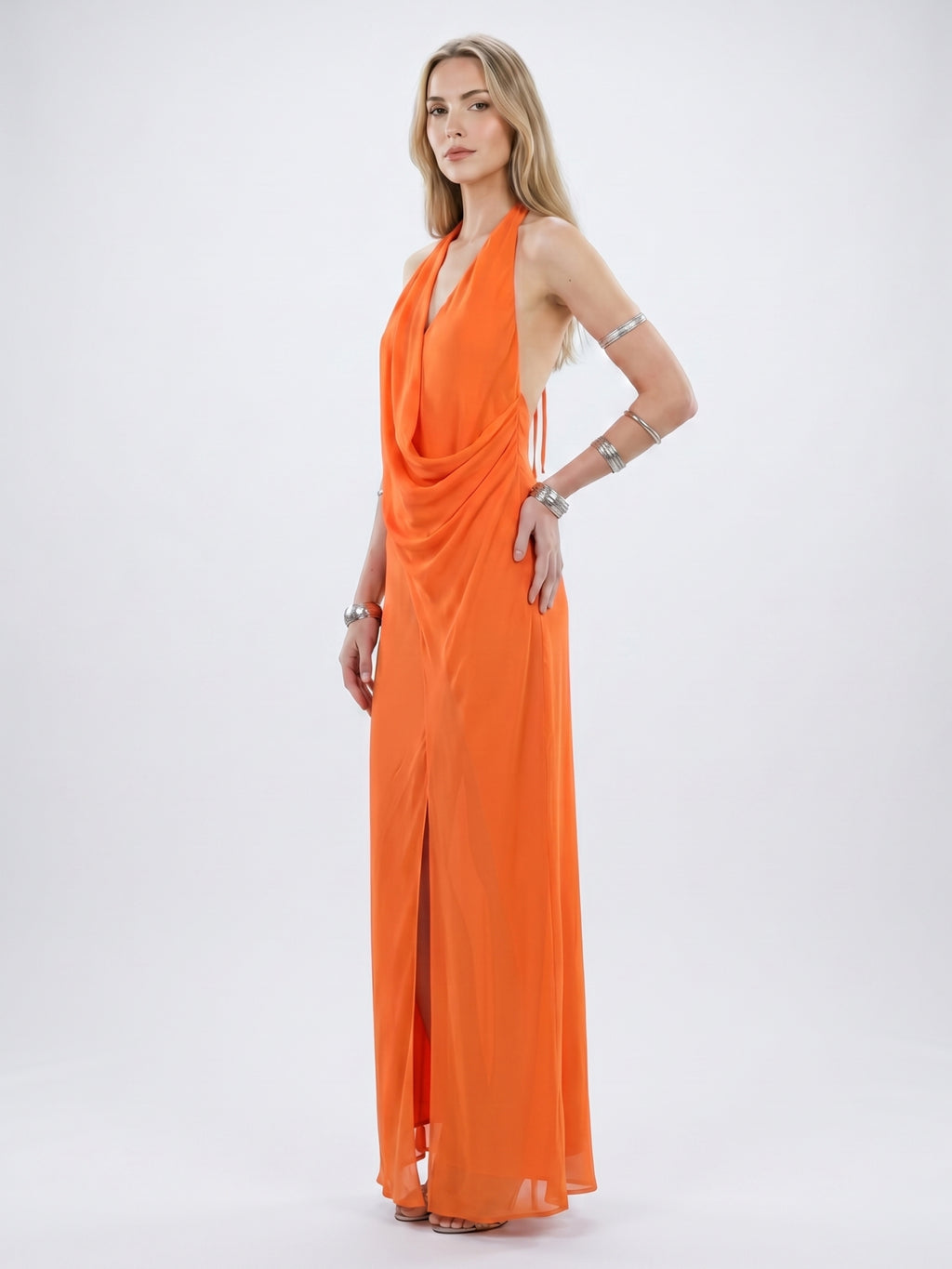 Orange Chiffon A-Line V-Neck Backless Ankle Bridesmaid Dress with Pleated Details