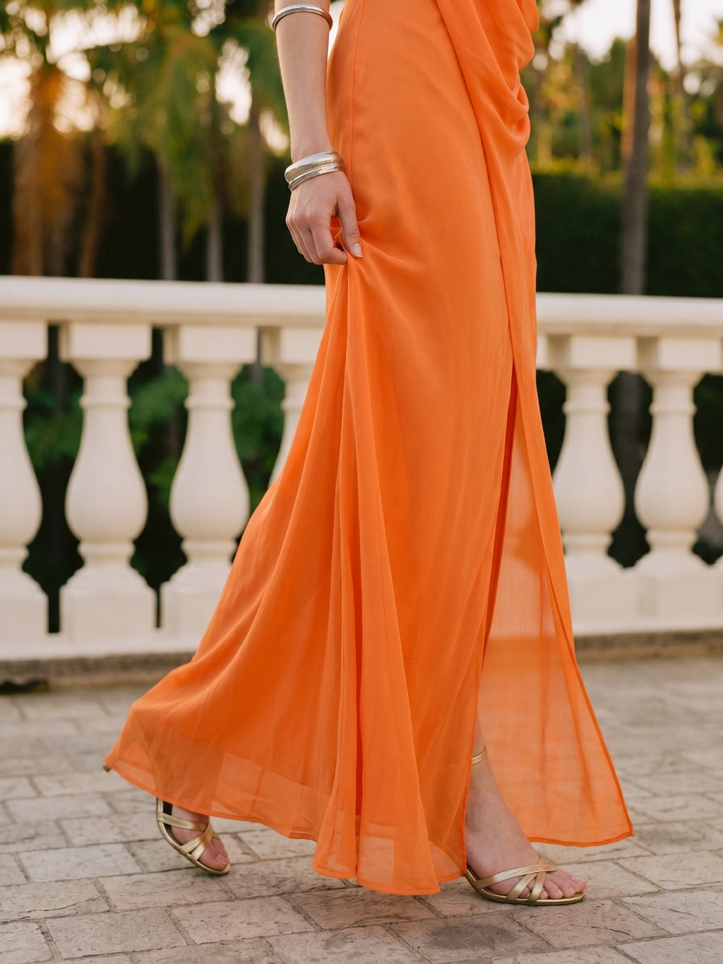 Orange Chiffon A-Line V-Neck Backless Ankle Bridesmaid Dress with Pleated Details
