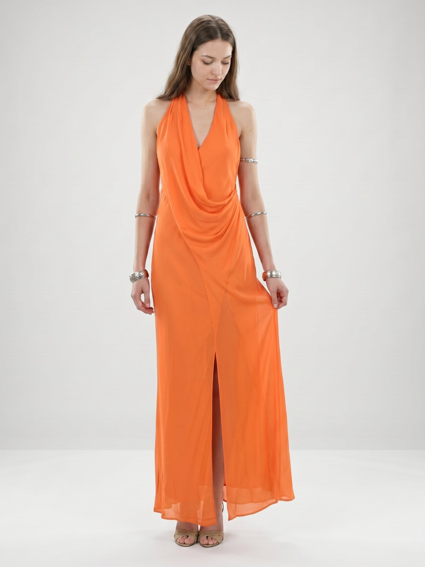Orange Chiffon A-Line V-Neck Backless Ankle Bridesmaid Dress with Pleated Details