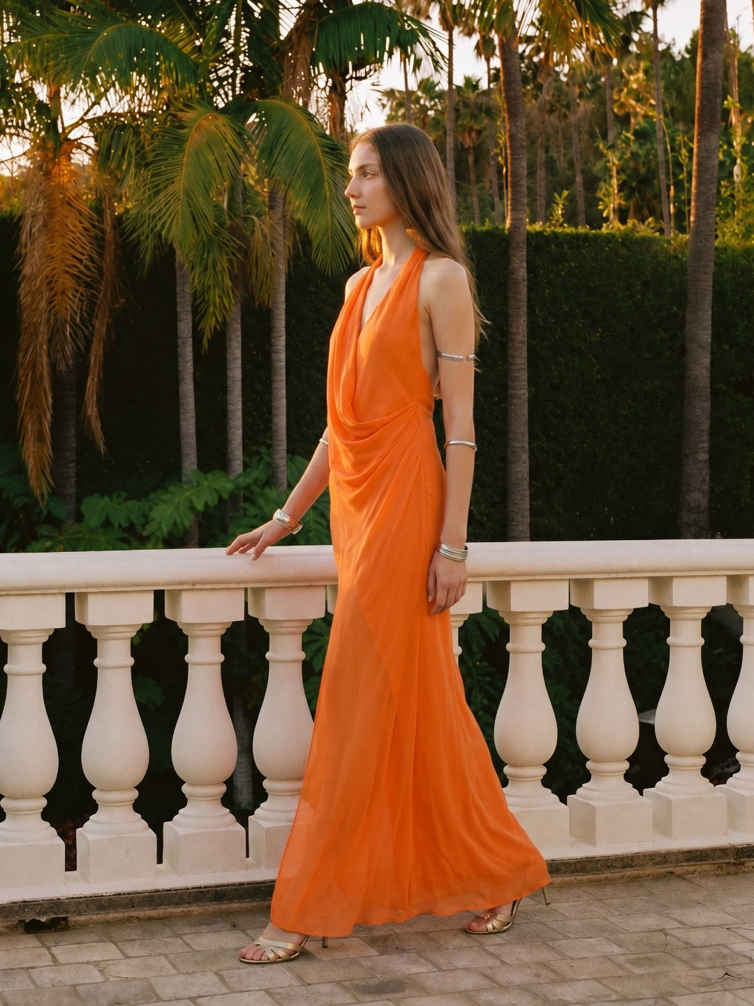 Orange Chiffon A-Line V-Neck Backless Ankle Bridesmaid Dress with Pleated Details
