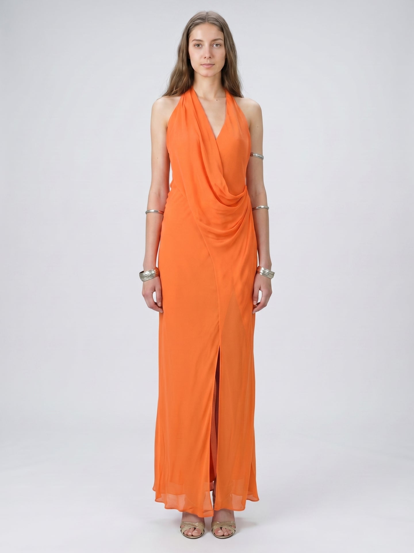 Orange Chiffon A-Line V-Neck Backless Ankle Bridesmaid Dress with Pleated Details
