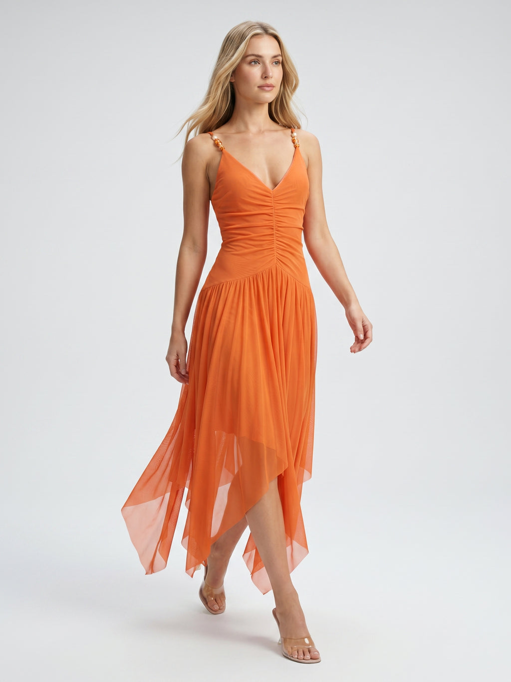 Orange Mesh A-Line V-Neck Asymmetrical Ankle Bridesmaid Dress with Beading