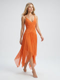 Orange Mesh A-Line V-Neck Asymmetrical Ankle Bridesmaid Dress with Beading