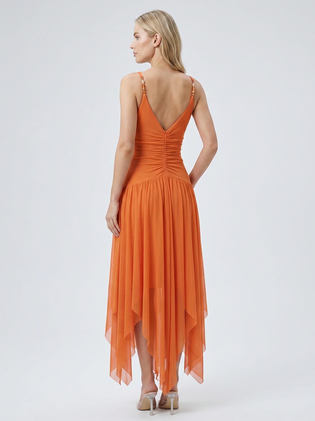 Orange Mesh A-Line V-Neck Asymmetrical Ankle Bridesmaid Dress with Beading