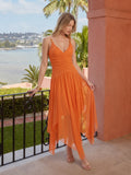 Orange Mesh A-Line V-Neck Asymmetrical Ankle Bridesmaid Dress with Beading