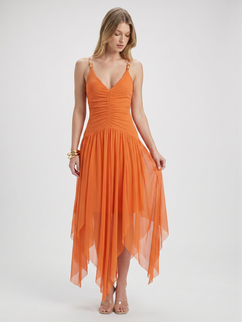 Orange Mesh A-Line V-Neck Asymmetrical Ankle Bridesmaid Dress with Beading
