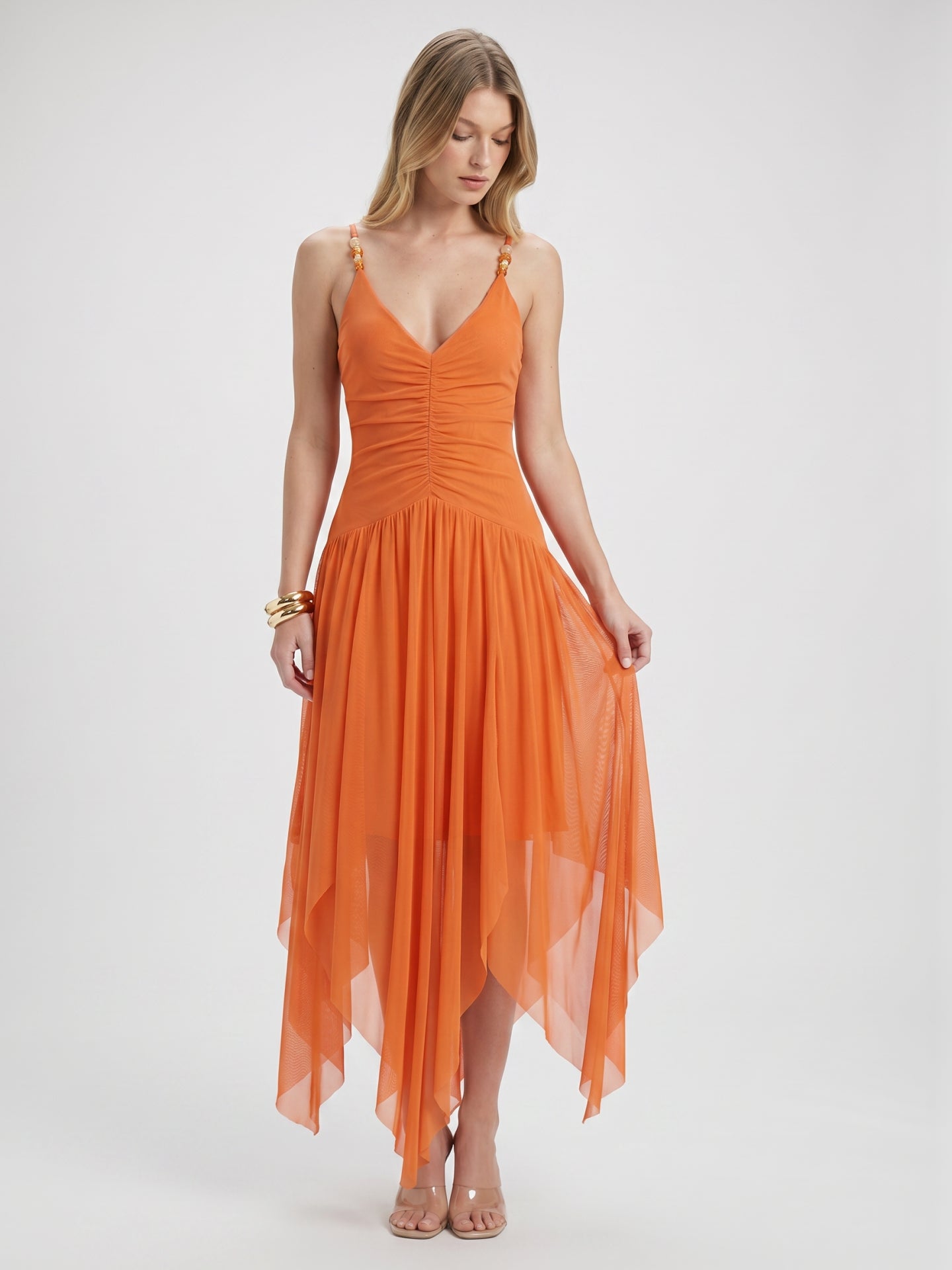 Orange Mesh A-Line V-Neck Asymmetrical Ankle Bridesmaid Dress with Beading