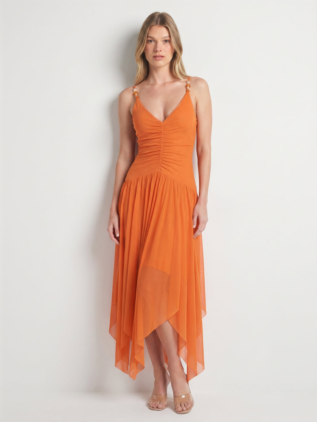 Orange Mesh A-Line V-Neck Asymmetrical Ankle Bridesmaid Dress with Beading