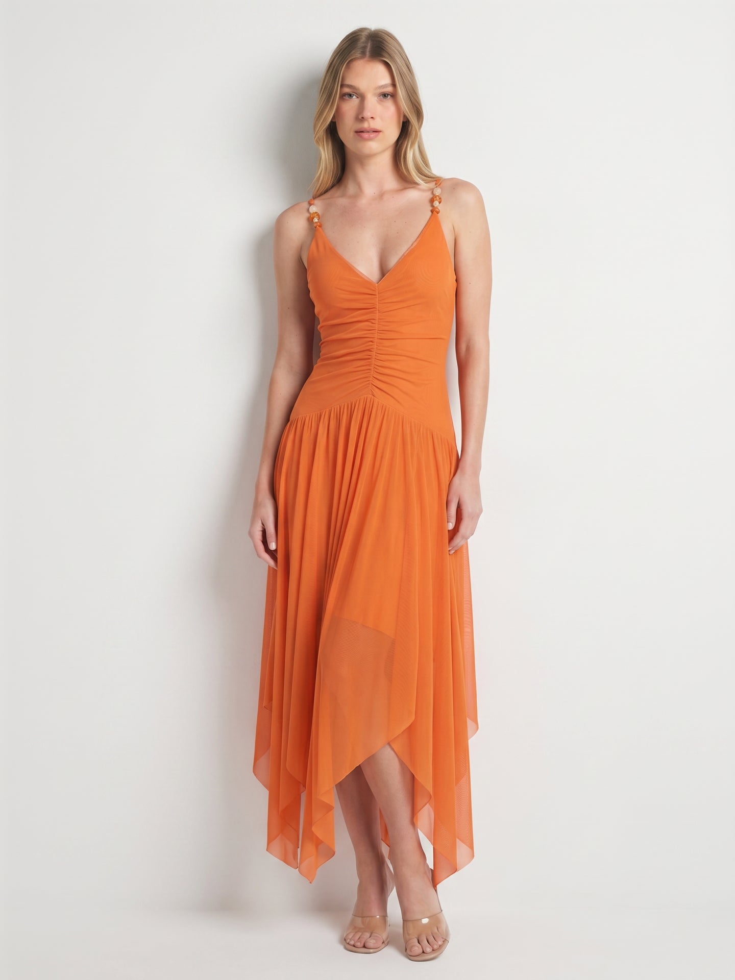 Orange Mesh A-Line V-Neck Asymmetrical Ankle Bridesmaid Dress with Beading