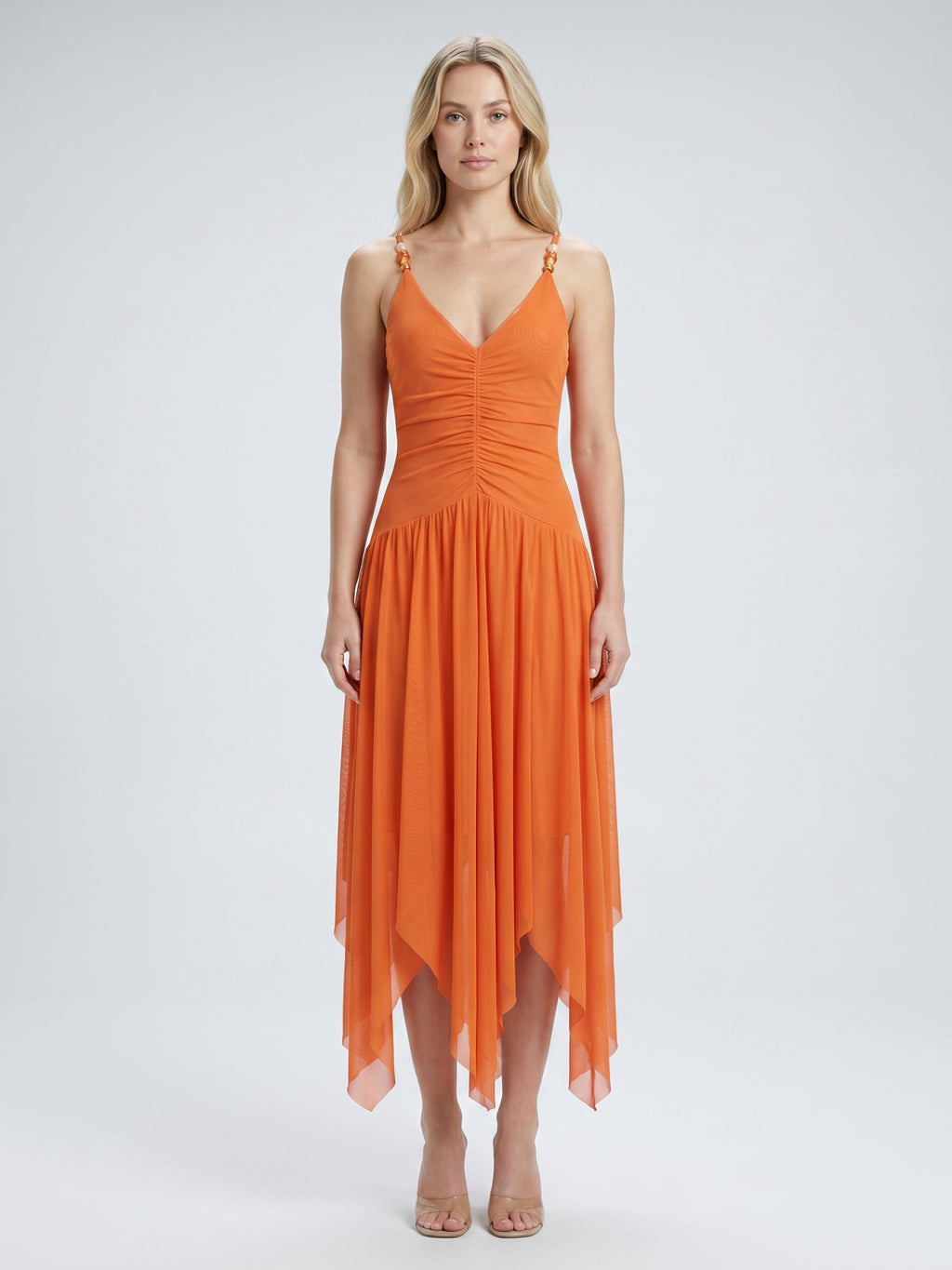 Orange Mesh A-Line V-Neck Asymmetrical Ankle Bridesmaid Dress with Beading