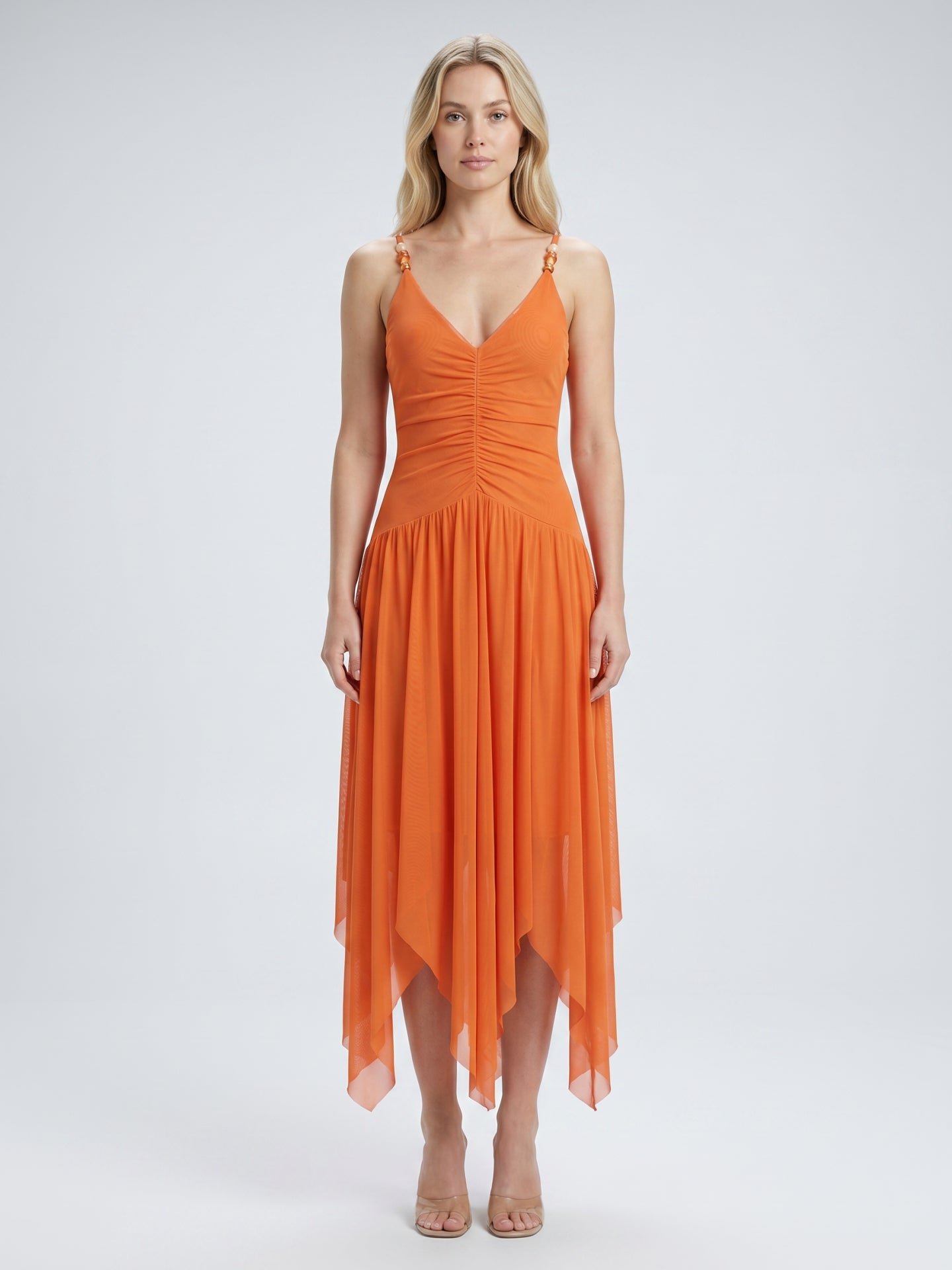 Orange Mesh A-Line V-Neck Asymmetrical Ankle Bridesmaid Dress with Beading