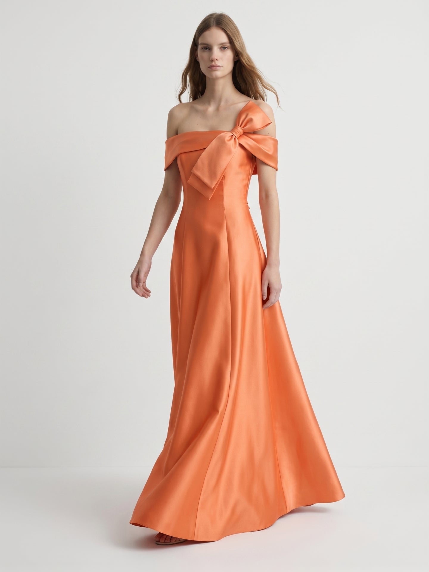 Orange Satin A-Line Off-the-Shoulder Back Zip Floor-Length Bridesmaid Dress with Bow