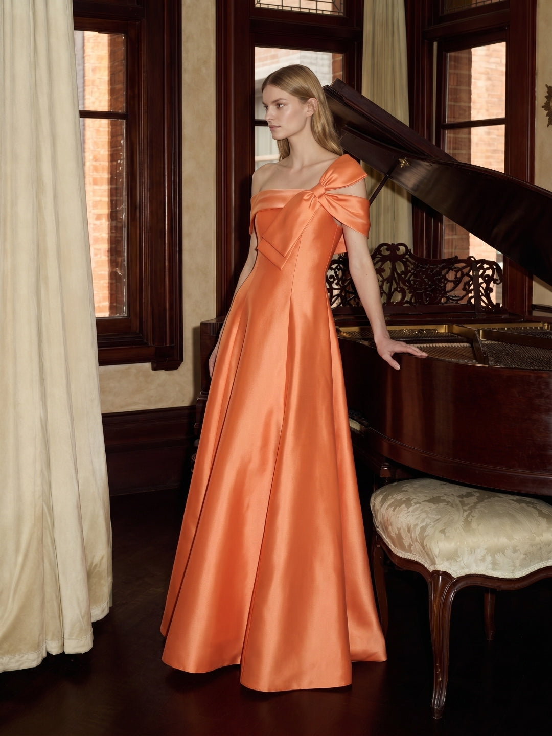 Orange Satin A-Line Off-the-Shoulder Back Zip Floor-Length Bridesmaid Dress with Bow