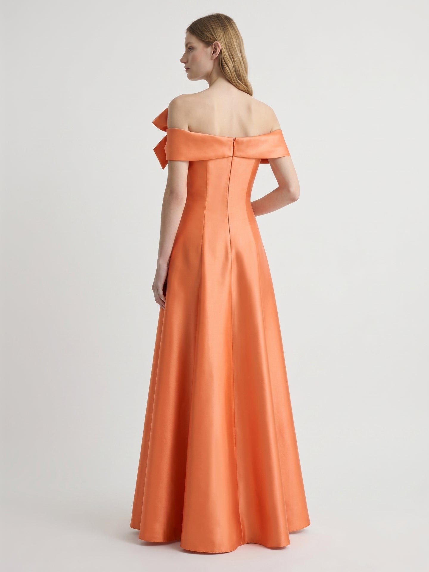 Orange Satin A-Line Off-the-Shoulder Back Zip Floor-Length Bridesmaid Dress with Bow