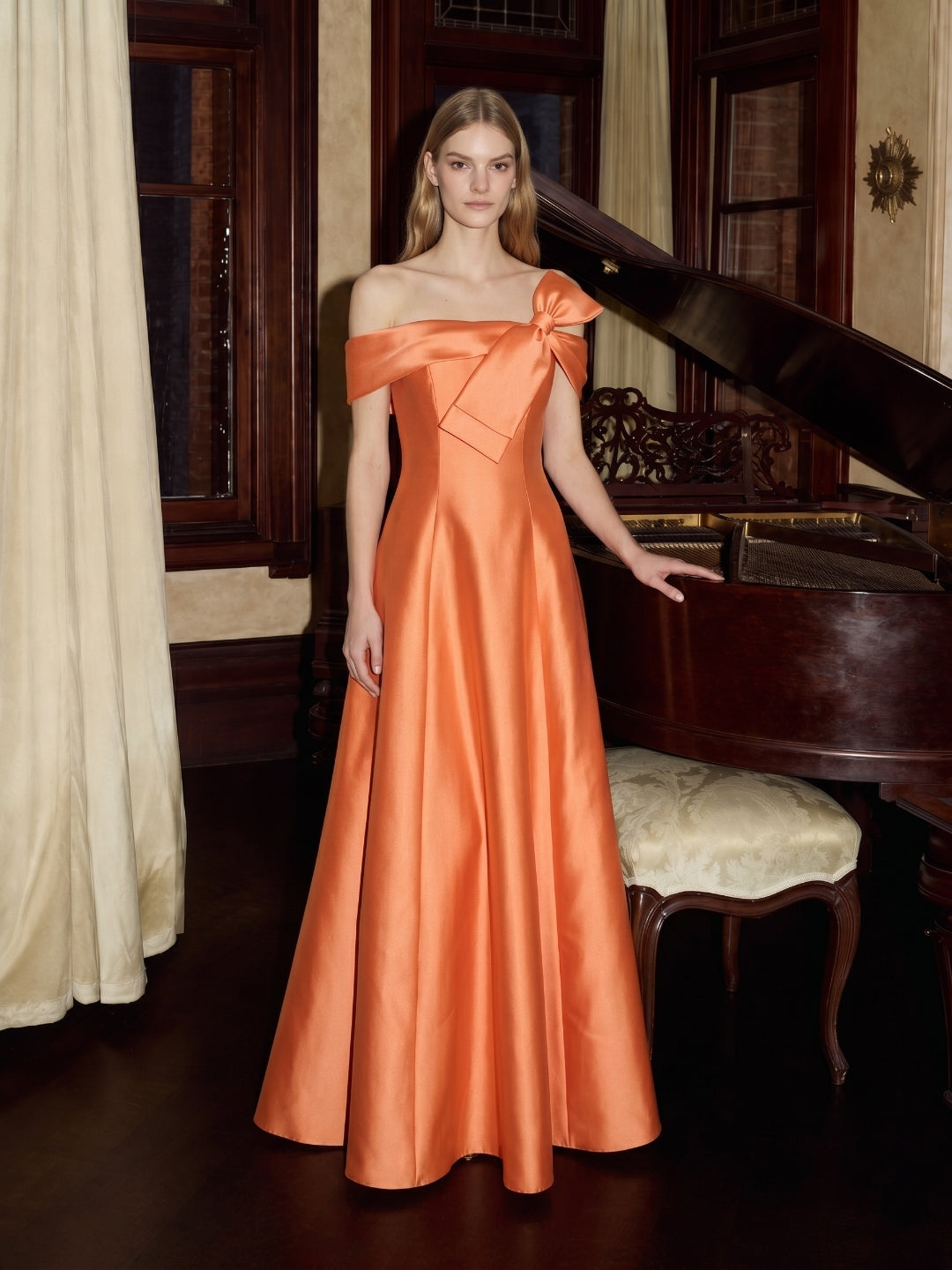 Orange Satin A-Line Off-the-Shoulder Back Zip Floor-Length Bridesmaid Dress with Bow