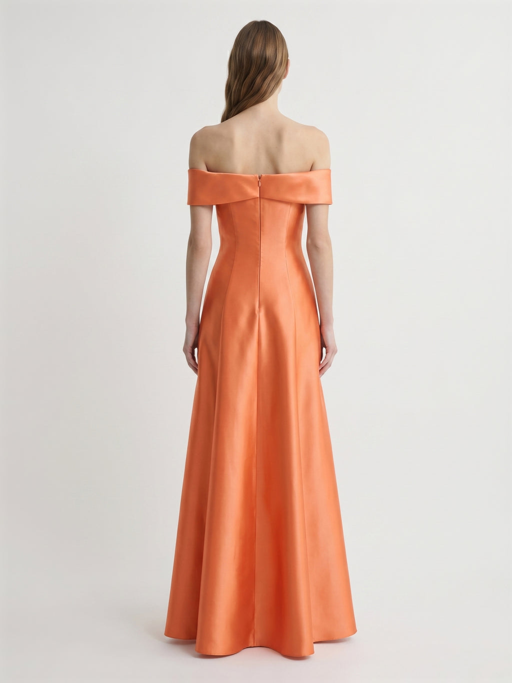 Orange Satin A-Line Off-the-Shoulder Back Zip Floor-Length Bridesmaid Dress with Bow