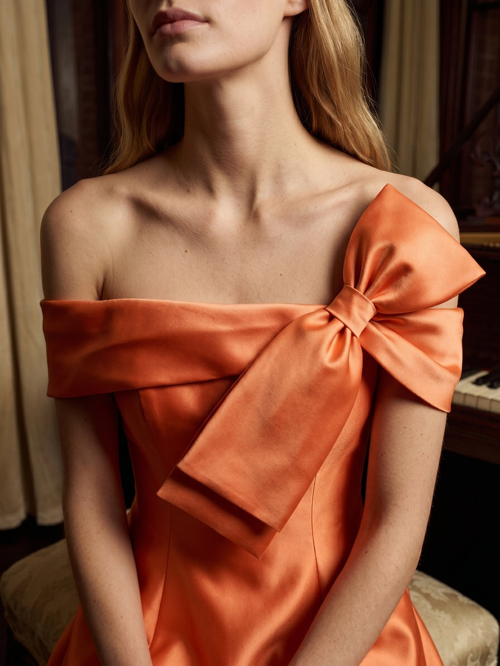 Orange Satin A-Line Off-the-Shoulder Back Zip Floor-Length Bridesmaid Dress with Bow