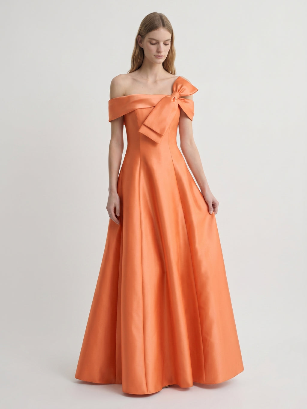 Orange Satin A-Line Off-the-Shoulder Back Zip Floor-Length Bridesmaid Dress with Bow