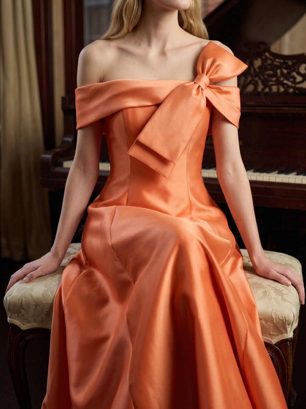 Orange Satin A-Line Off-the-Shoulder Back Zip Floor-Length Bridesmaid Dress with Bow