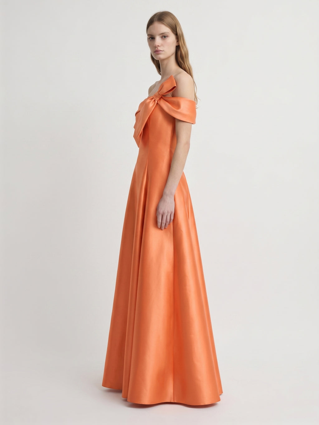 Orange Satin A-Line Off-the-Shoulder Back Zip Floor-Length Bridesmaid Dress with Bow