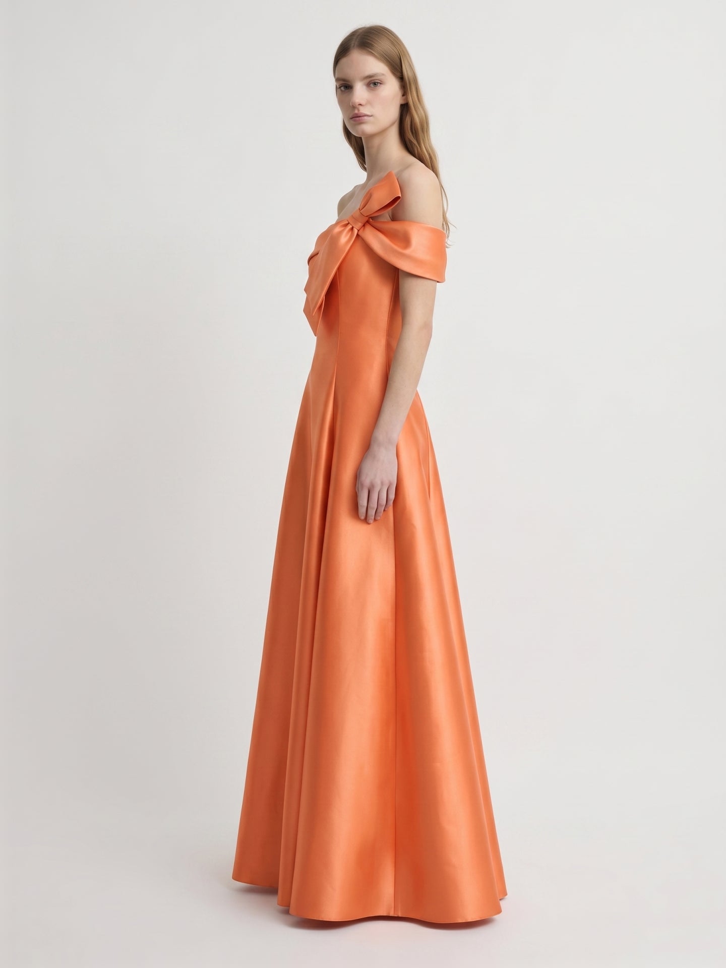 Orange Satin A-Line Off-the-Shoulder Back Zip Floor-Length Bridesmaid Dress with Bow
