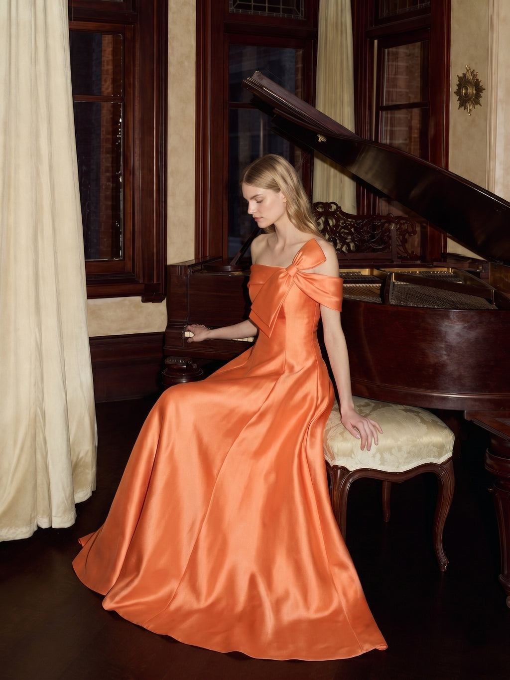 Orange Satin A-Line Off-the-Shoulder Back Zip Floor-Length Bridesmaid Dress with Bow