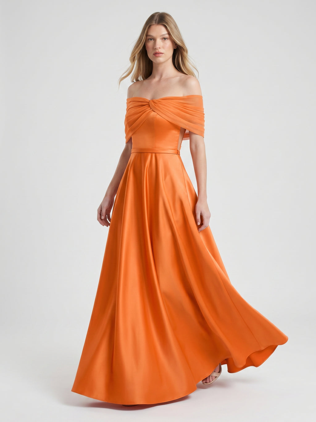Orange Satin A-Line Off-the-Shoulder Floor-Length Bridesmaid Dress with Pleats
