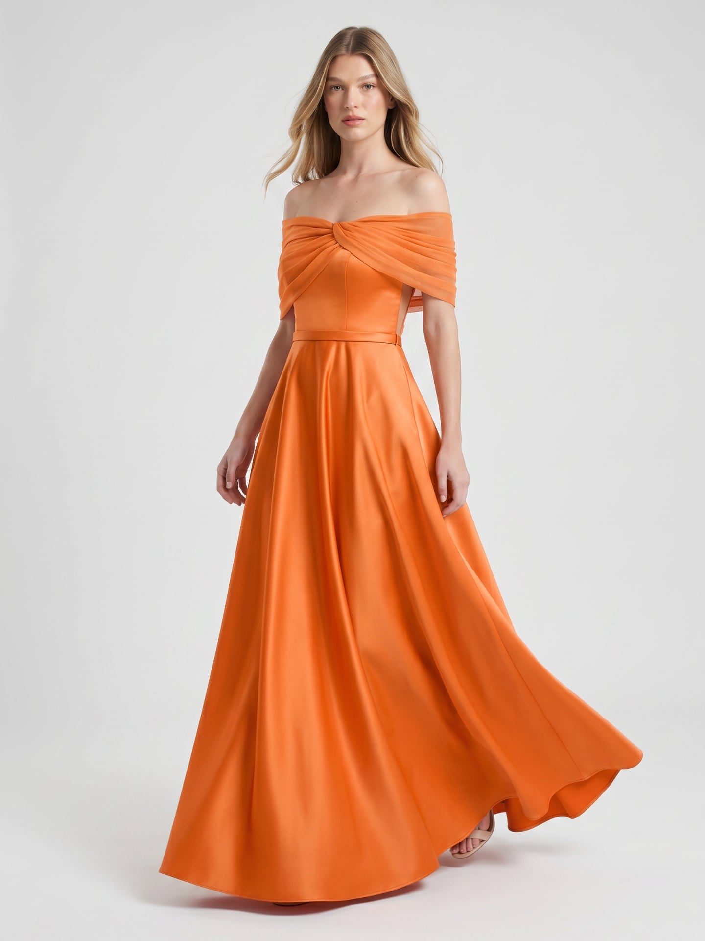 Orange Satin A-Line Off-the-Shoulder Floor-Length Bridesmaid Dress with Pleats