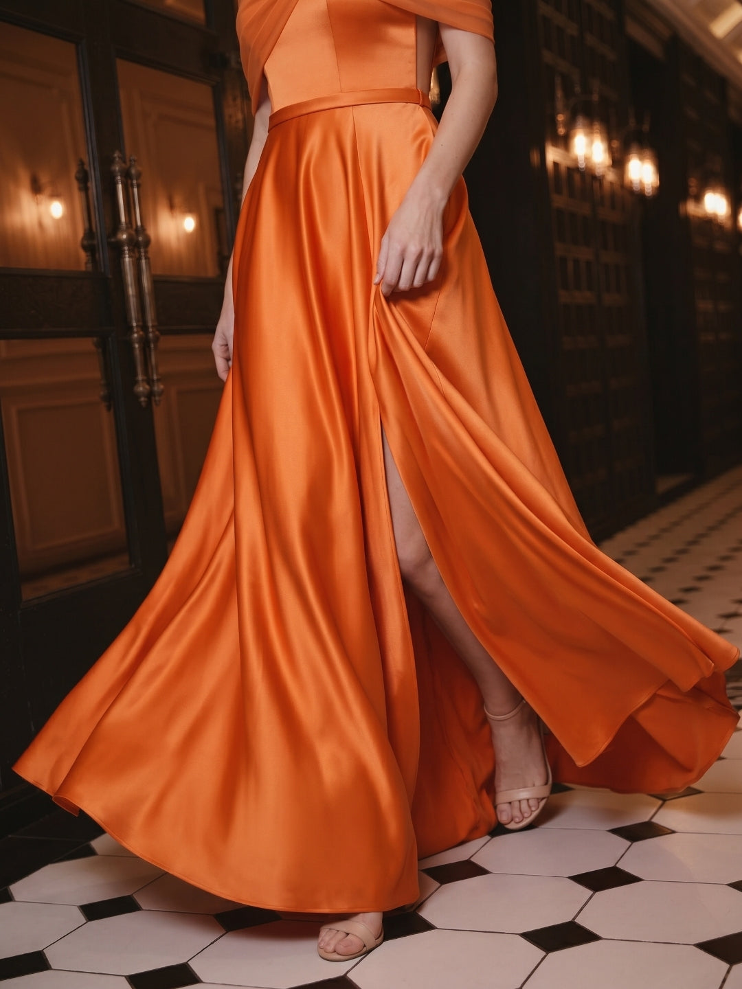 Orange Satin A-Line Off-the-Shoulder Floor-Length Bridesmaid Dress with Pleats