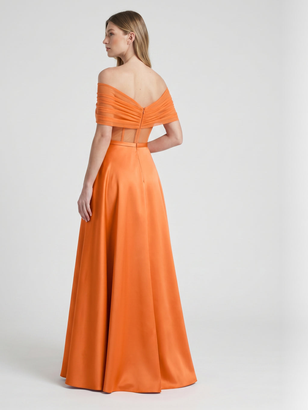 Orange Satin A-Line Off-the-Shoulder Floor-Length Bridesmaid Dress with Pleats