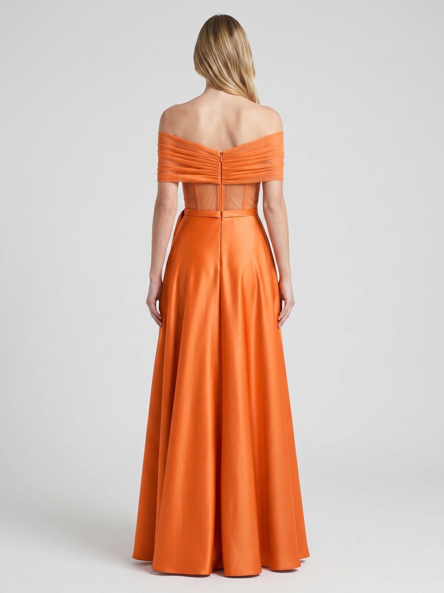 Orange Satin A-Line Off-the-Shoulder Floor-Length Bridesmaid Dress with Pleats