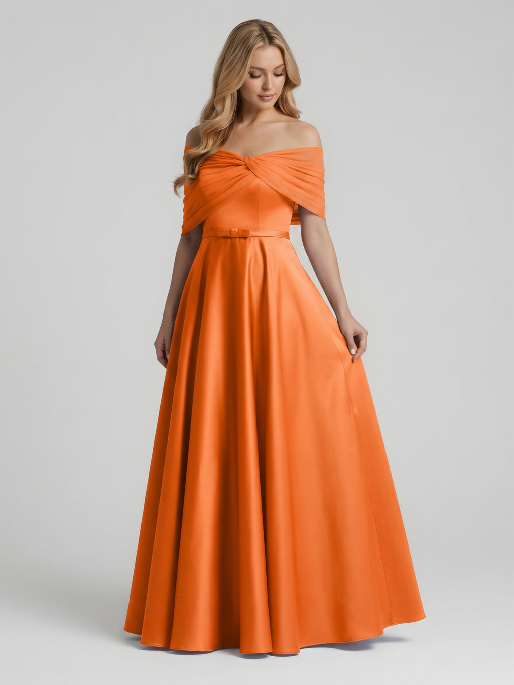 Orange Satin A-Line Off-the-Shoulder Floor-Length Bridesmaid Dress with Pleats