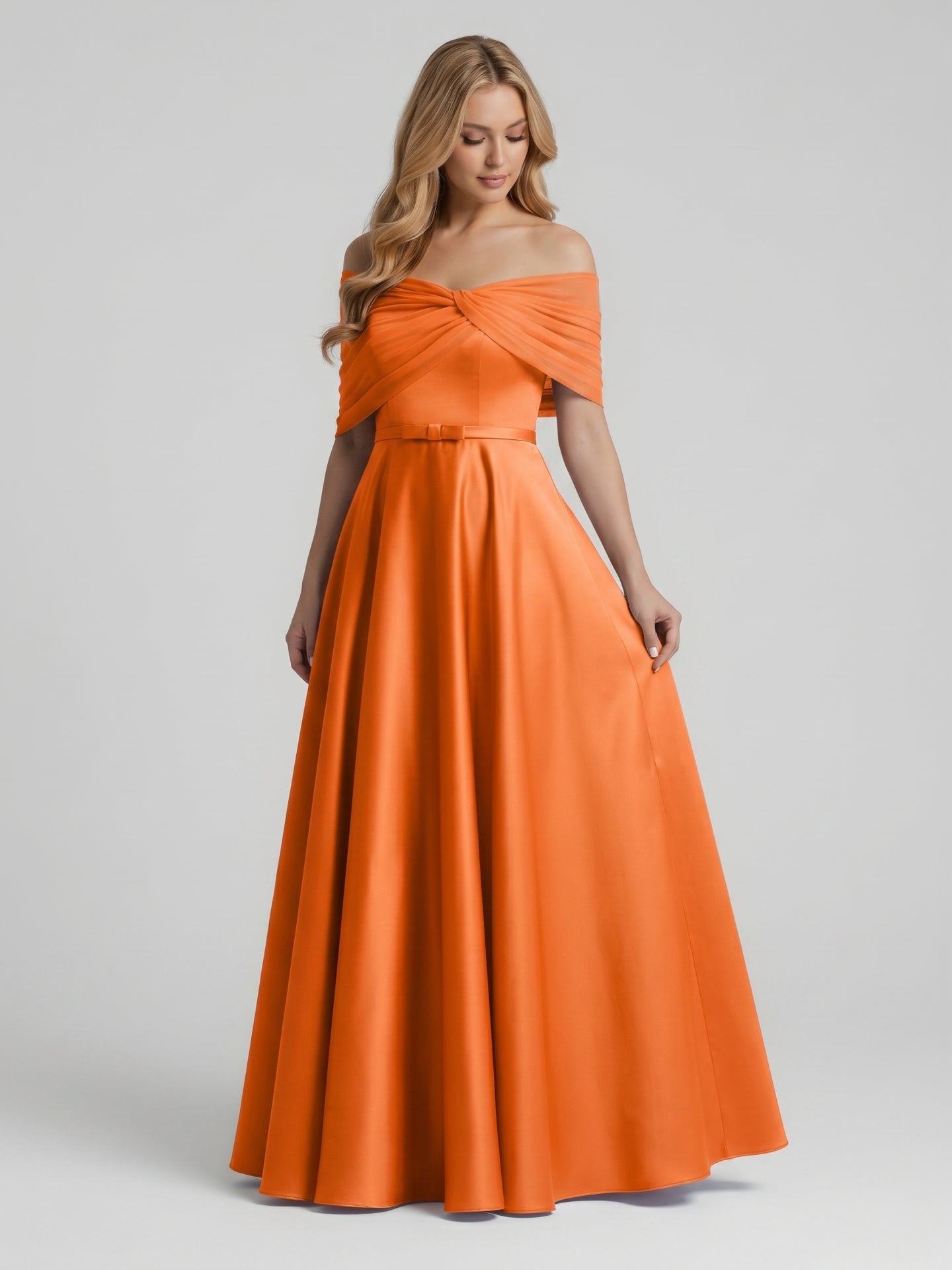 Orange Satin A-Line Off-the-Shoulder Floor-Length Bridesmaid Dress with Pleats