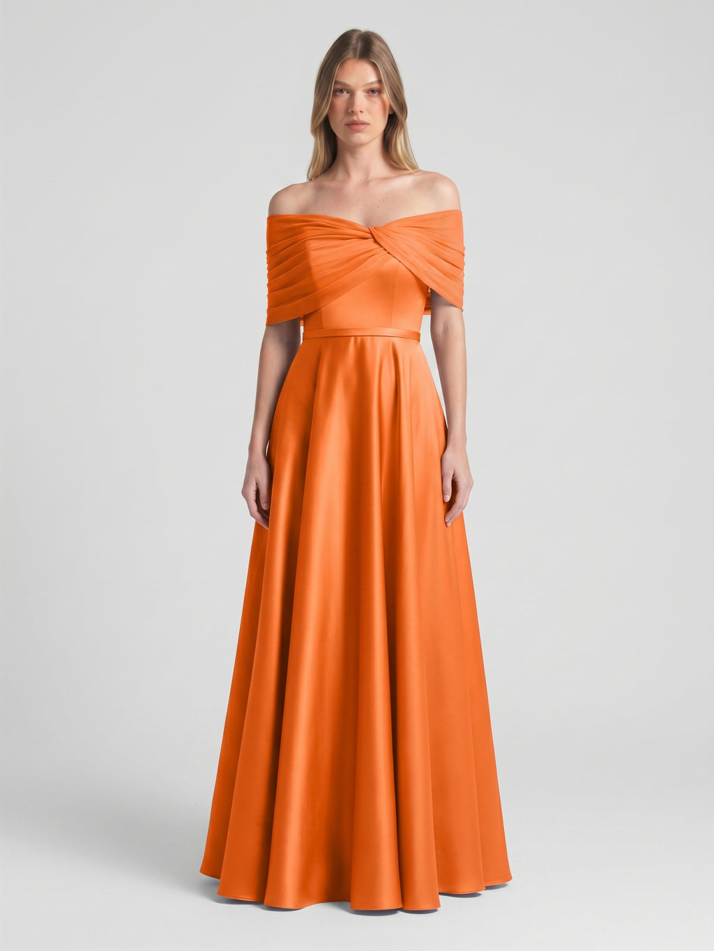 Orange Satin A-Line Off-the-Shoulder Floor-Length Bridesmaid Dress with Pleats