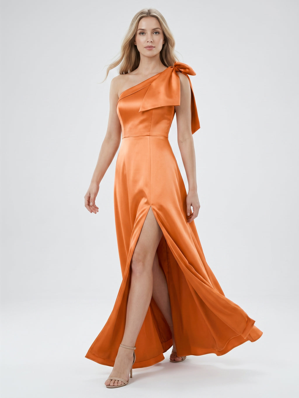 Orange Satin A-Line One Shoulder Back Zip Floor-Length Bridesmaid Dress with Bow