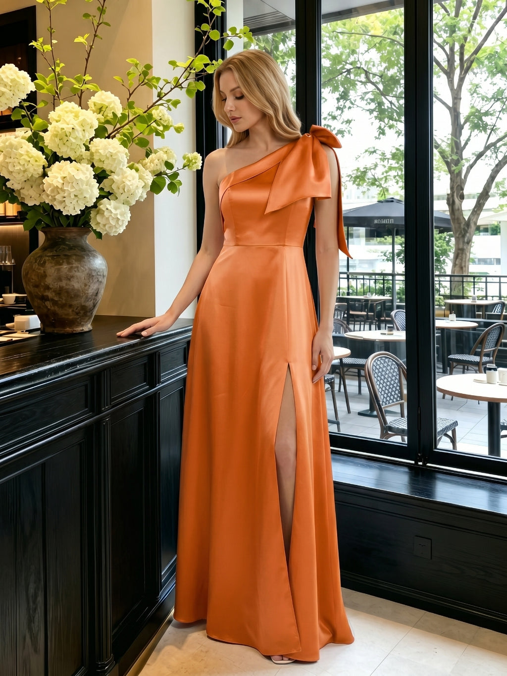 Orange Satin A-Line One Shoulder Back Zip Floor-Length Bridesmaid Dress with Bow