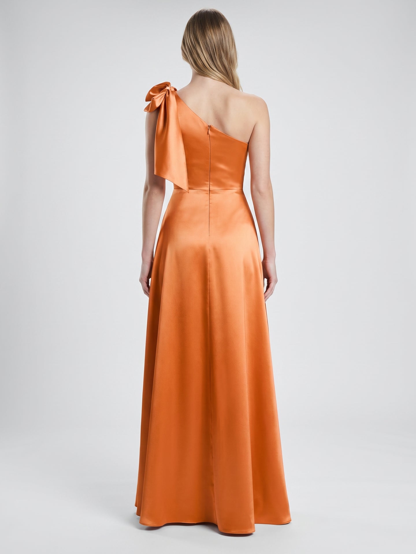 Orange Satin A-Line One Shoulder Back Zip Floor-Length Bridesmaid Dress with Bow