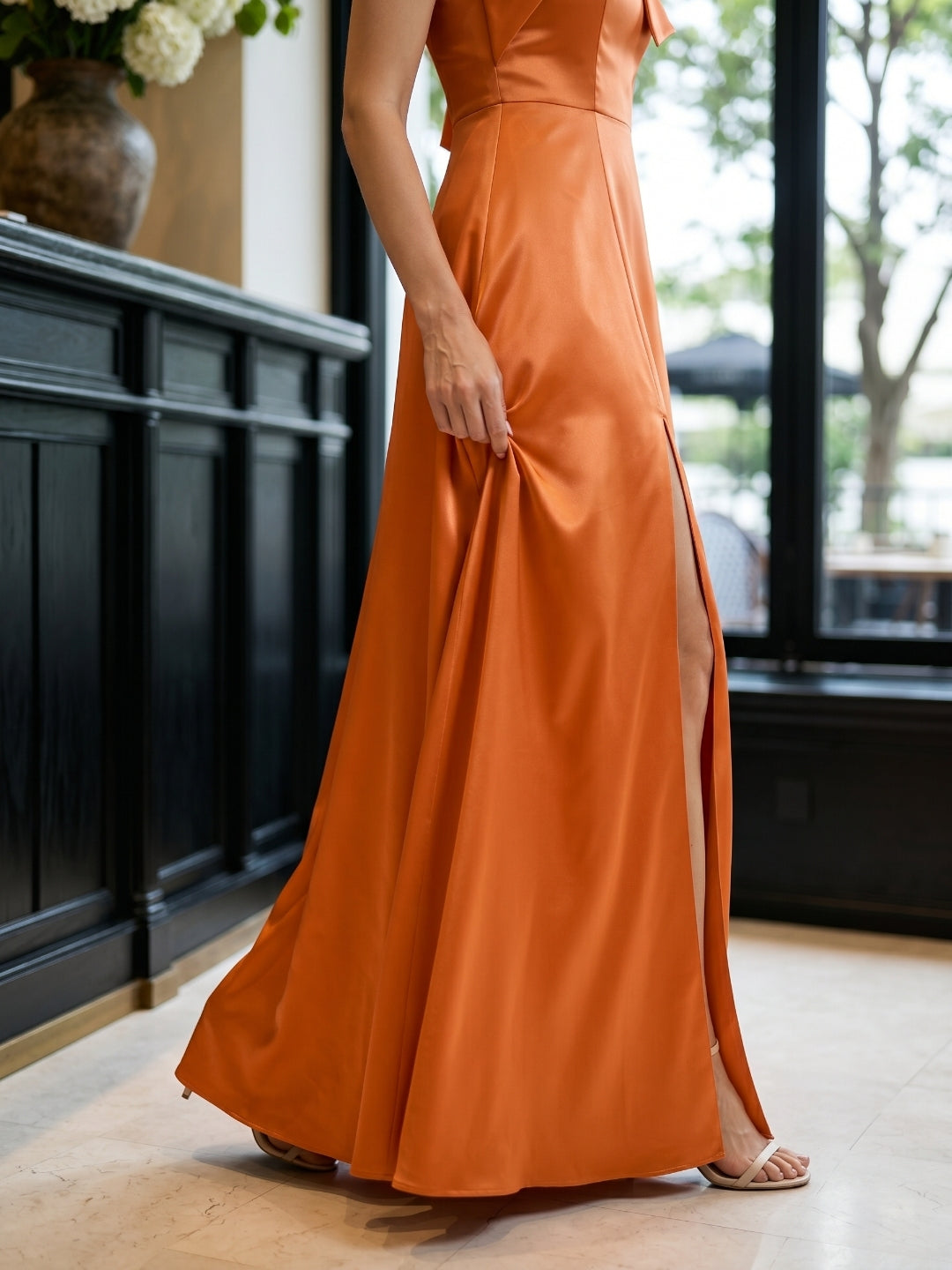 Orange Satin A-Line One Shoulder Back Zip Floor-Length Bridesmaid Dress with Bow