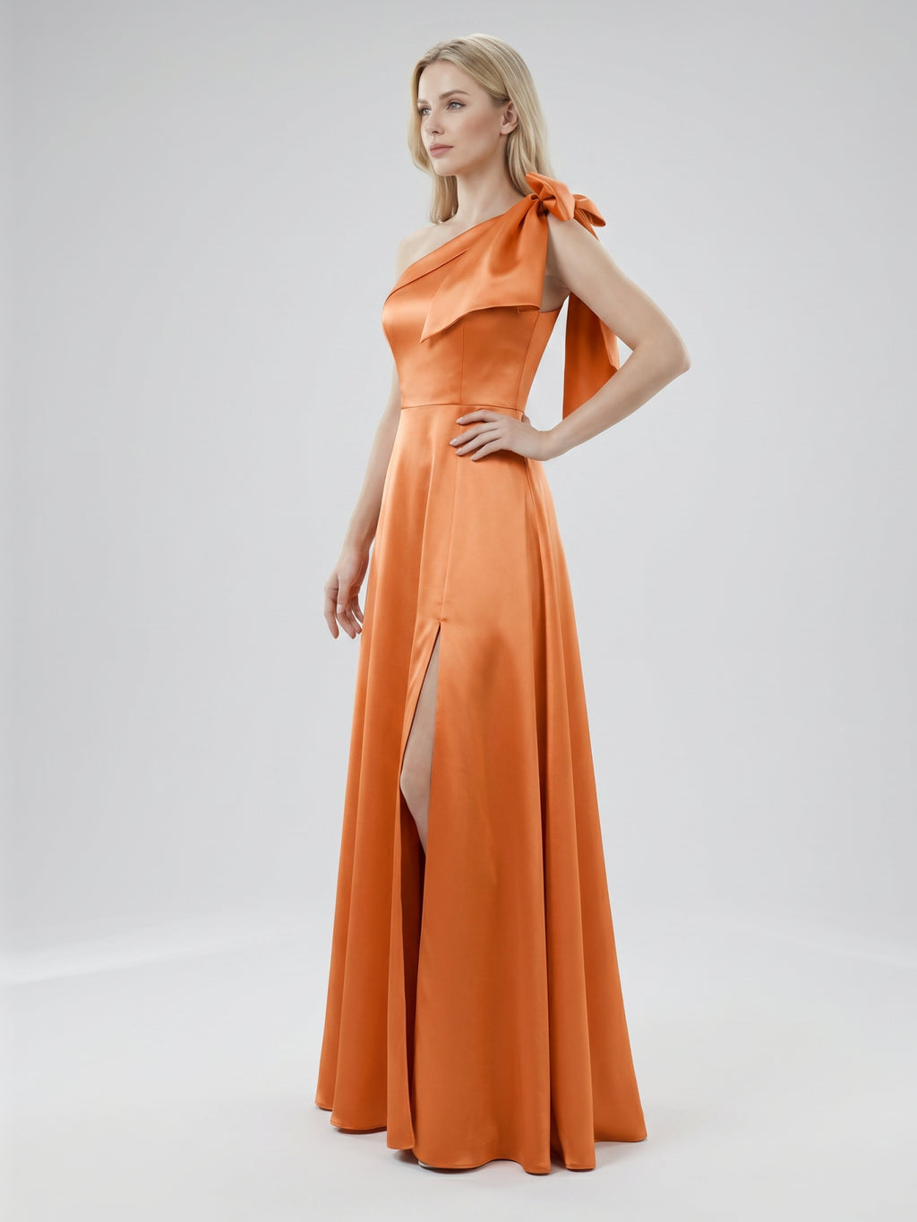 Orange Satin A-Line One Shoulder Back Zip Floor-Length Bridesmaid Dress with Bow