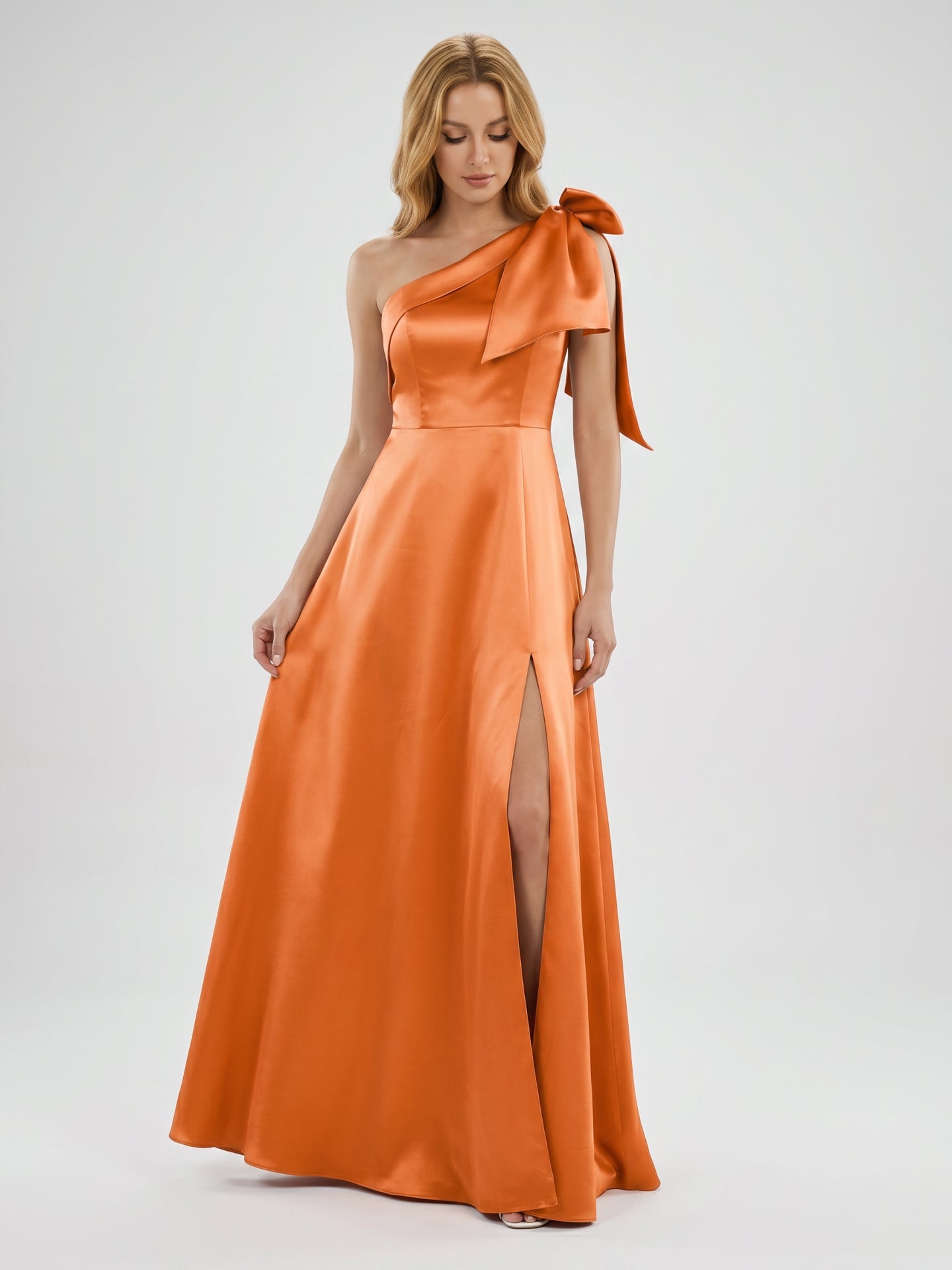 Orange Satin A-Line One Shoulder Back Zip Floor-Length Bridesmaid Dress with Bow