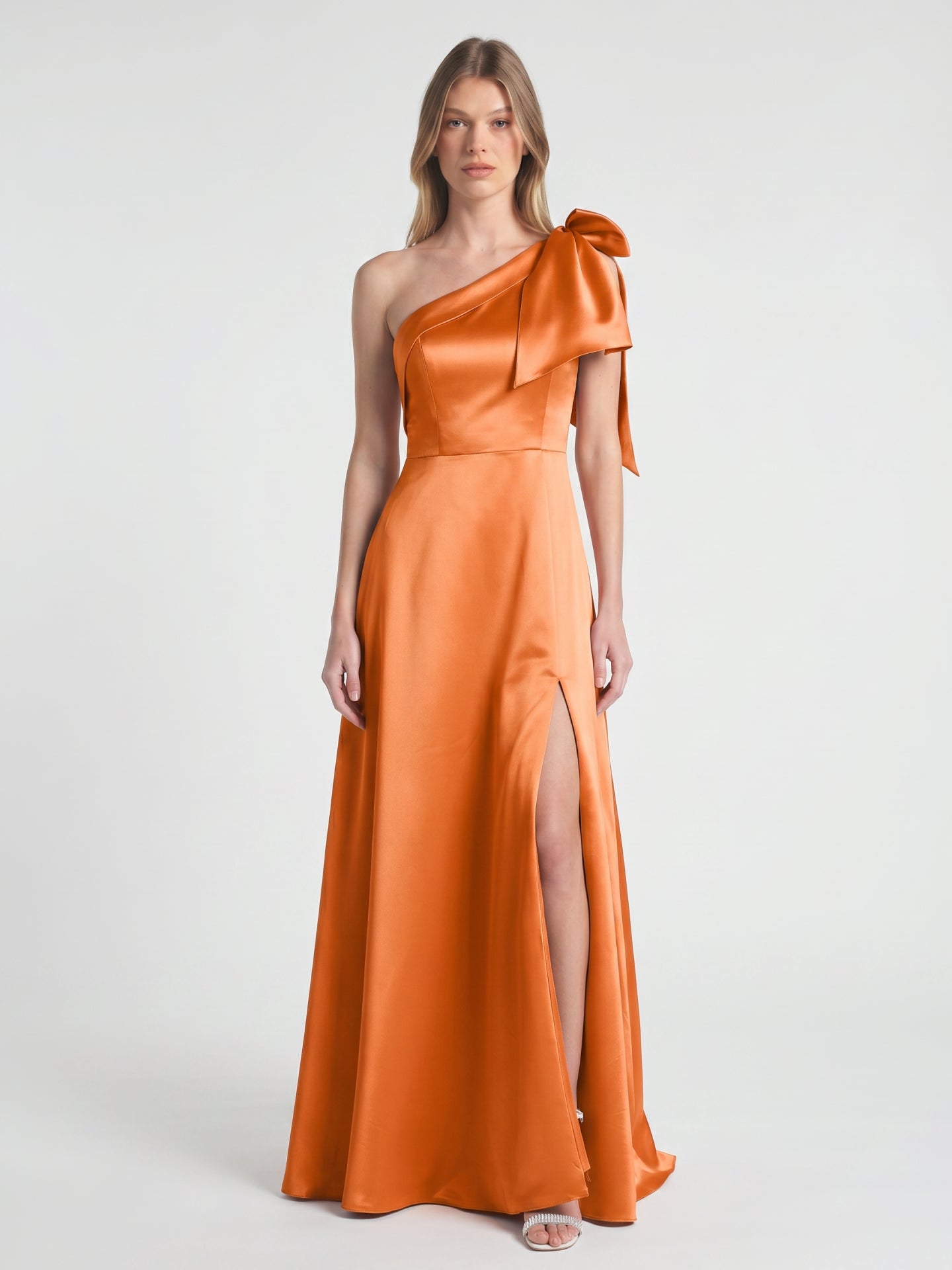 Orange Satin A-Line One Shoulder Back Zip Floor-Length Bridesmaid Dress with Bow